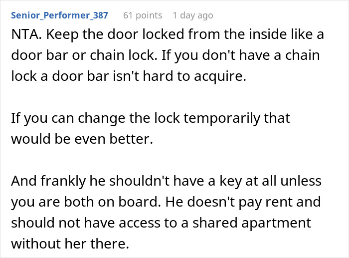 Advice on handling roommate boyfriend vacation drama by securing locks and limiting key access in shared living spaces. Advice on handling roommate boyfriend vacation drama by securing locks and limiting key access in shared living spaces.