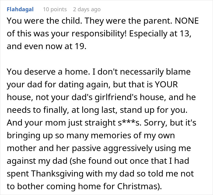 Alt text: Mom blames daughter for picking dad in divorce, creating family conflict and refusing involvement in daughter's life. Alt text: Mom blames daughter for picking dad in divorce, creating family conflict and refusing involvement in daughter's life.