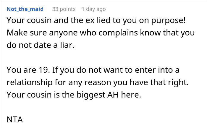 Comment discussing if a man was wrong for dumping his girlfriend because she has kids, advising not to date liars. Comment discussing if a man was wrong for dumping his girlfriend because she has kids, advising not to date liars.