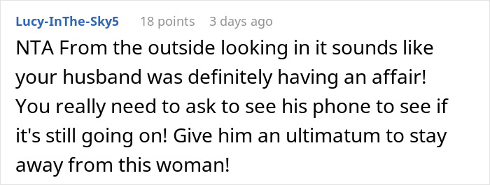 Comment discussing a husband&rsquo;s relationship with a female colleague and a wife&rsquo;s reaction to it.