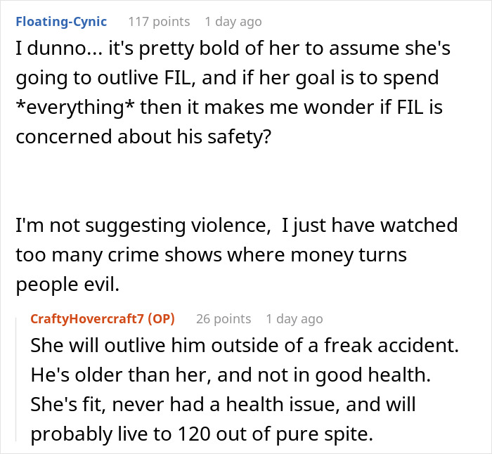 Reddit comment screenshot discussing Greedy Mom and inheritance, users debate outliving father and money turning people evil. Reddit comment screenshot discussing Greedy Mom and inheritance, users debate outliving father and money turning people evil.