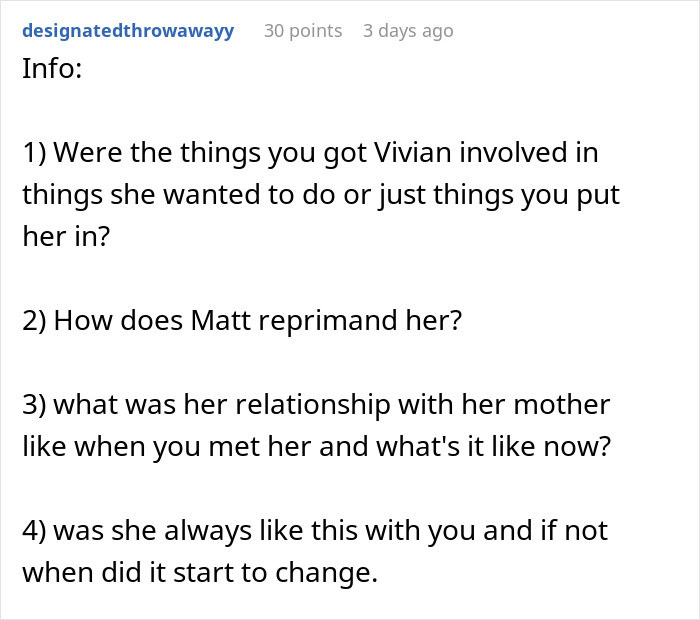 Text post with questions about Vivian’s involvement, Matt’s reprimand, and her relationship with her mother. Text post with questions about Vivian’s involvement, Matt’s reprimand, and her relationship with her mother.
