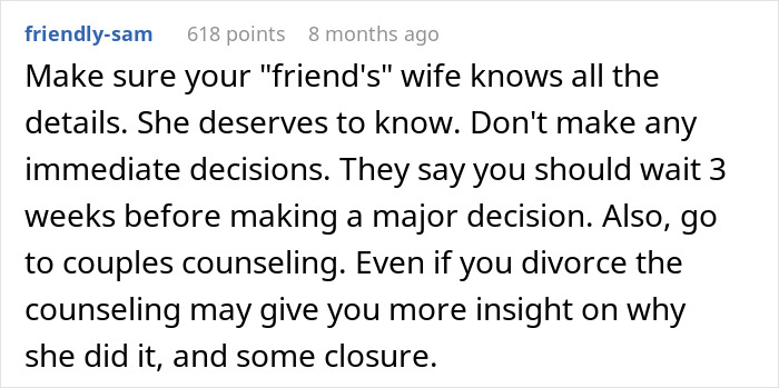 Comment advising to inform wife and consider couples counseling amid a man debating divorce over validation seeking issues.