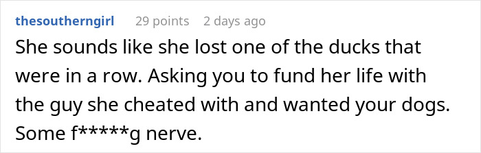 Comment discussing an unemployed woman who cheats on her boyfriend with a jobless man and asks her ex to fund her life. Comment discussing an unemployed woman who cheats on her boyfriend with a jobless man and asks her ex to fund her life.