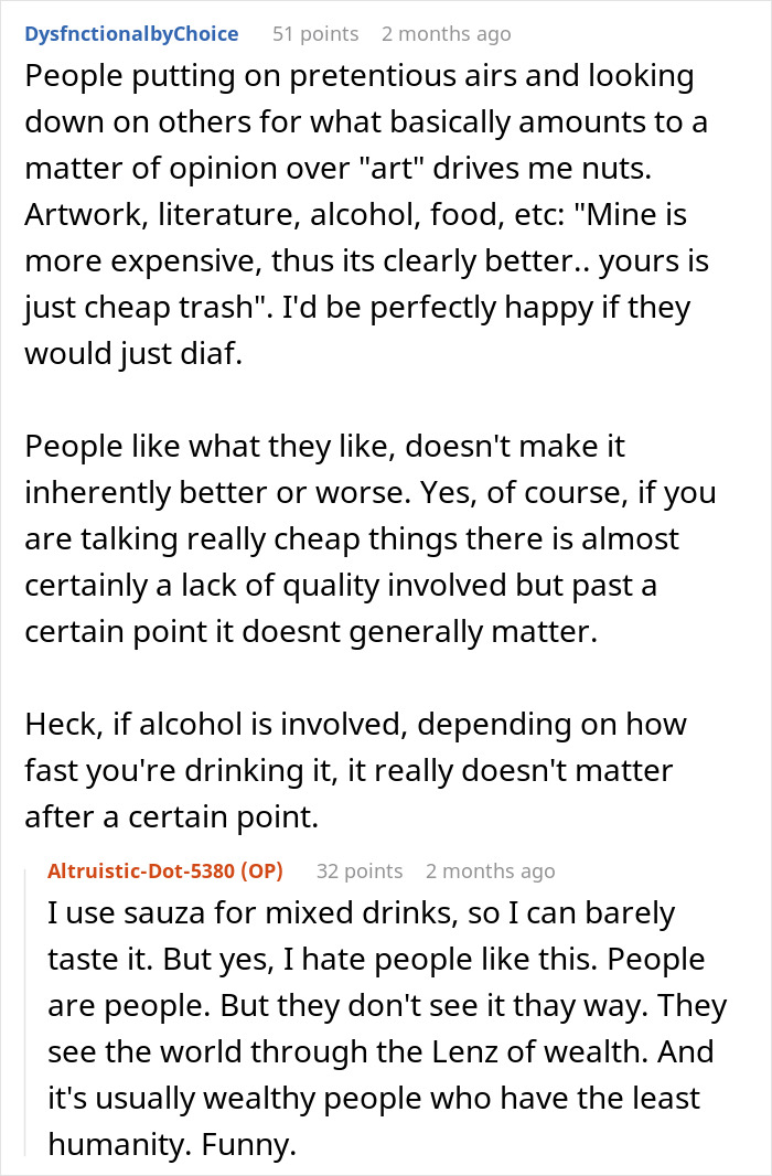 Screenshot of an online discussion about pretentious behavior and snobbish attitudes among wealthy family members. Screenshot of an online discussion about pretentious behavior and snobbish attitudes among wealthy family members.