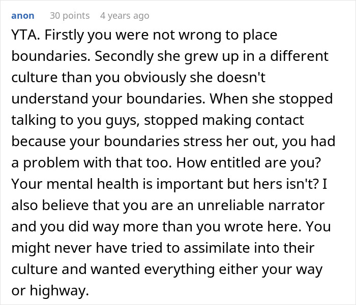 Screenshot of a Reddit comment discussing family boundaries and cultural differences contributing to ruining family relationship lying MIL issues. Screenshot of a Reddit comment discussing family boundaries and cultural differences contributing to ruining family relationship lying MIL issues.
