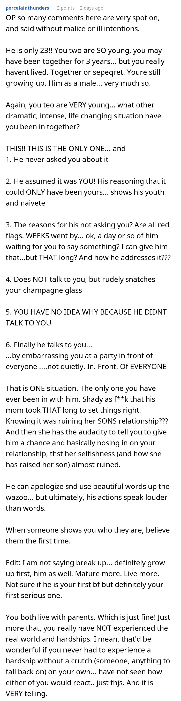 Screenshot of a forum comment discussing a man showing his true colors after assuming fiancée is pregnant. Screenshot of a forum comment discussing a man showing his true colors after assuming fiancée is pregnant.