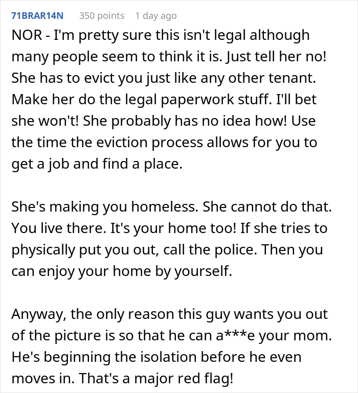 Comment discussing the legal eviction process and concerns about a mom throwing her child out for a random guy. Comment discussing the legal eviction process and concerns about a mom throwing her child out for a random guy.