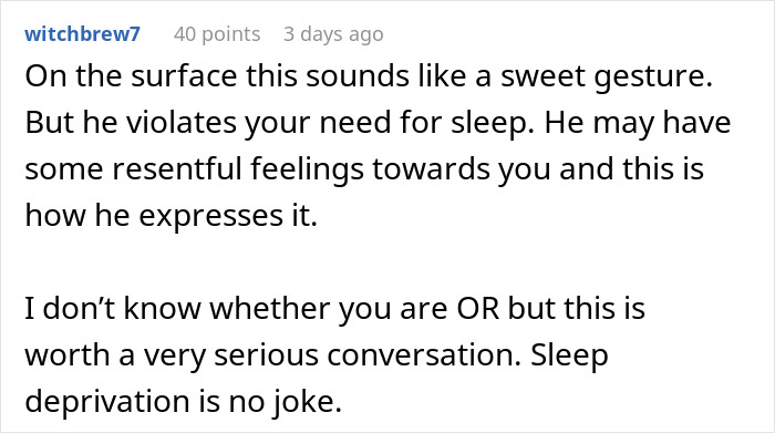 Comment about man's lovey-dovey morning ritual annoying tired girlfriend, causing frustration and sleep deprivation.