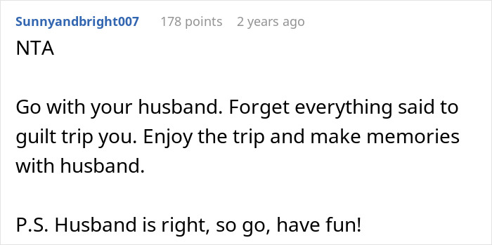 Screenshot of a user comment defending a husband amid a woman demanding a friend to kick him out of a romantic getaway. Screenshot of a user comment defending a husband amid a woman demanding a friend to kick him out of a romantic getaway.