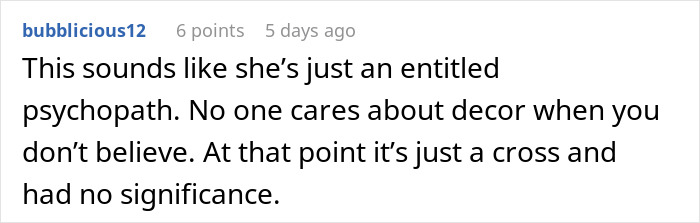 Screenshot of a user comment discussing a woman demanding in-laws remove religious items due to her atheism conflict. Screenshot of a user comment discussing a woman demanding in-laws remove religious items due to her atheism conflict.