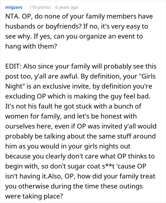 Comment discussing a guy furious after family excludes him from girls days, highlighting feelings of immaturity and growth needed. Comment discussing a guy furious after family excludes him from girls days, highlighting feelings of immaturity and growth needed.