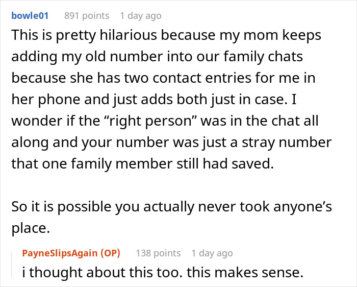 Commenters discuss being added to random family group chats and the emotional impact of prolonged involvement.