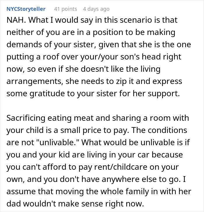 Comment discussing a woman complaining about her sister-in-law despite staying for free, with husband annoyed by her.