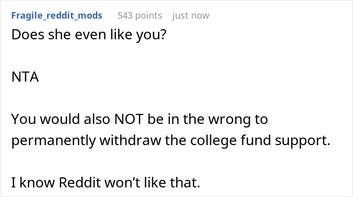 Text post discussing stepson college family money concerns and withdrawing college fund support on Reddit. Text post discussing stepson college family money concerns and withdrawing college fund support on Reddit.