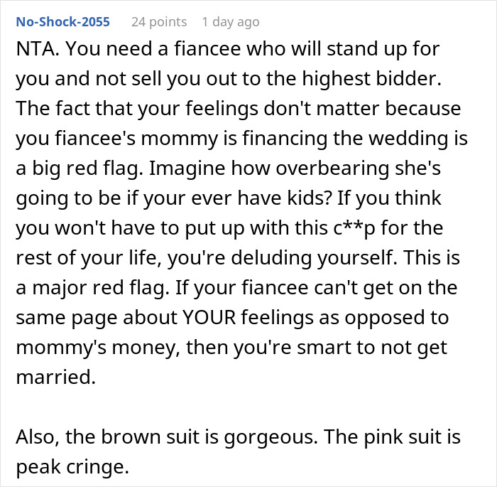 Comment discussing the groom refusing marriage over mother dictating wedding attire and concerns about overbearing family influence.