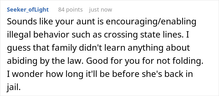 Comment discussing aunt encouraging illegal behavior related to family and parole issues crossing state lines.