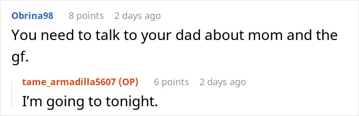 Online discussion about mom blaming daughter for picking dad in the divorce and refusing involvement in her life. Online discussion about mom blaming daughter for picking dad in the divorce and refusing involvement in her life.