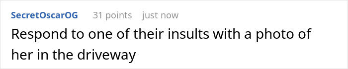 Text showing a comment about responding to insults with a photo taken in a driveway; aunt, camera, family, parole.
