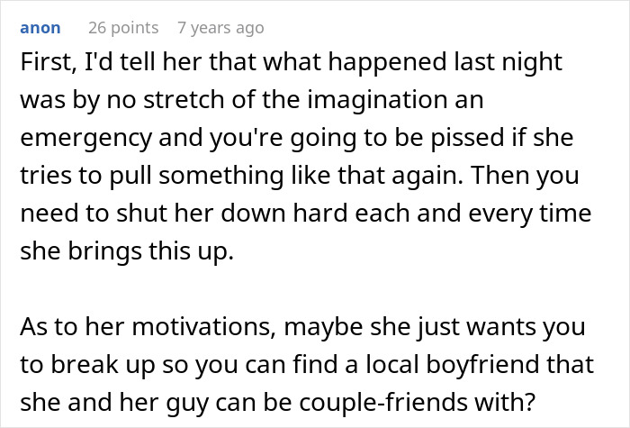 Screenshot of a comment discussing fabricated evidence of cheating used to convince a friend to dump her boyfriend.