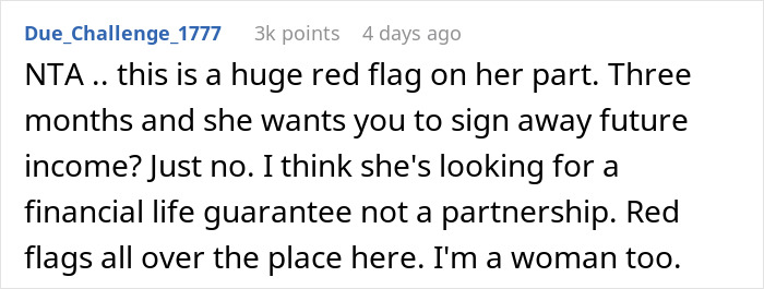Screenshot of a forum comment discussing a woman forcing her boyfriend to sign a contract for a share of his income.