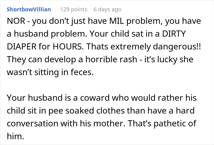 Screenshot of a Reddit comment discussing a woman horrified that MIL didn&rsquo;t change the kid&rsquo;s diaper all day and banned her visits.