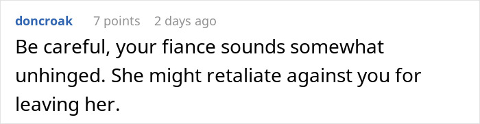 Screenshot of an online comment warning about a fiancee's obsession and potential retaliation affecting relationships. Screenshot of an online comment warning about a fiancee's obsession and potential retaliation affecting relationships.