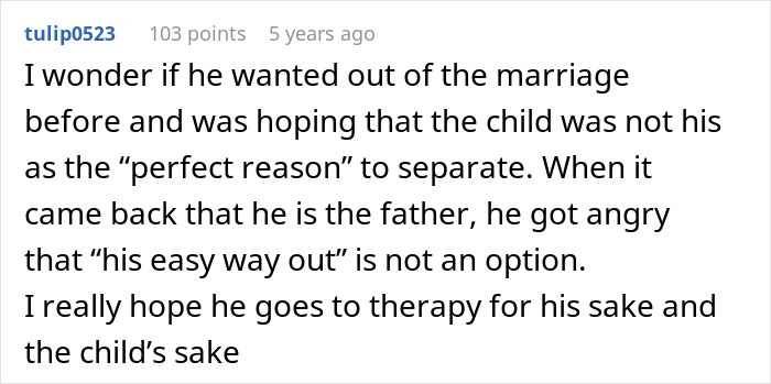 Comment discussing a man demanding a paternity test for his 3-year-old son and reacting poorly to therapy suggestions. Comment discussing a man demanding a paternity test for his 3-year-old son and reacting poorly to therapy suggestions.