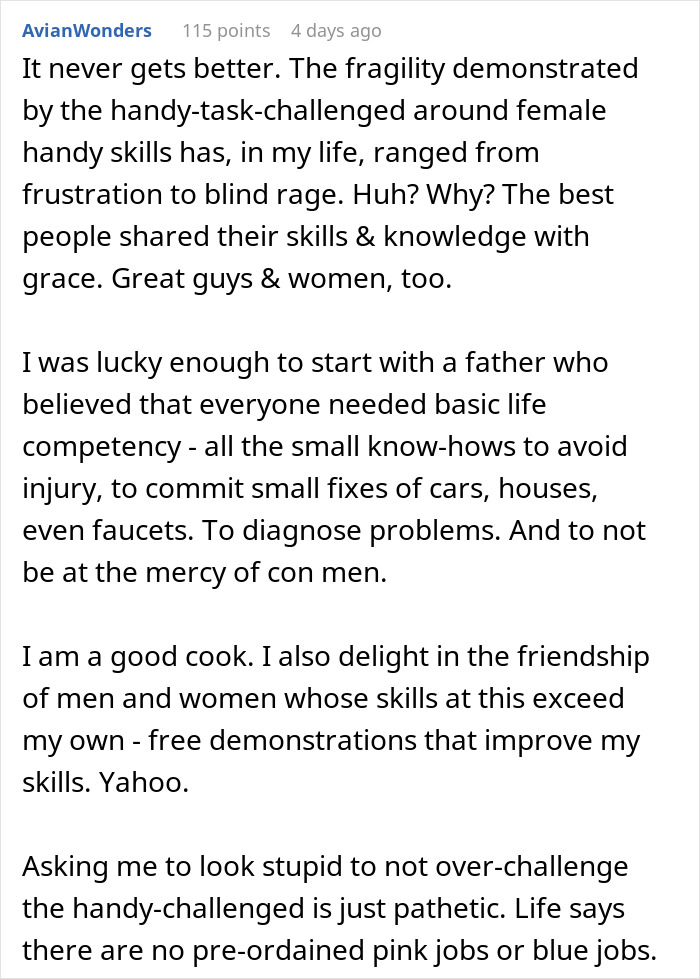 Text post discussing frustration when a boyfriend feels emasculated as woman fixes things, highlighting gender and skills. Text post discussing frustration when a boyfriend feels emasculated as woman fixes things, highlighting gender and skills.