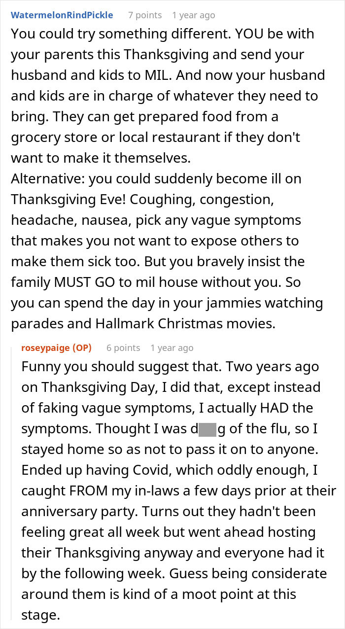 Screenshot of a Reddit conversation about a woman refusing to attend MIL&rsquo;s Thanksgiving after other guests flaked.