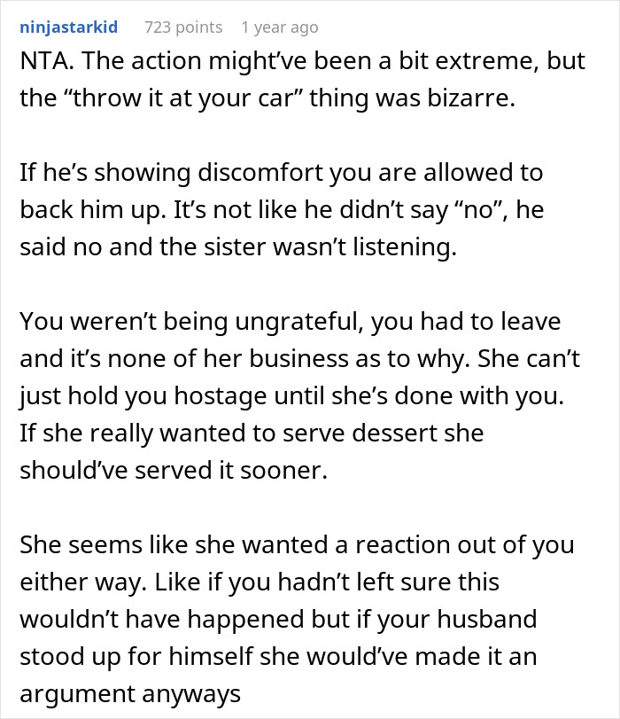 Reddit comment discussing SIL holding couple hostage at dinner and threatening to throw food at their car if they leave. Reddit comment discussing SIL holding couple hostage at dinner and threatening to throw food at their car if they leave.