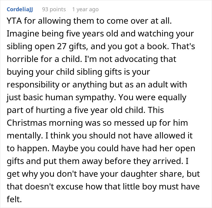 Comment expressing sympathy about daughter getting 27 presents on Christmas while half-brother gets only 1 gift. Comment expressing sympathy about daughter getting 27 presents on Christmas while half-brother gets only 1 gift.