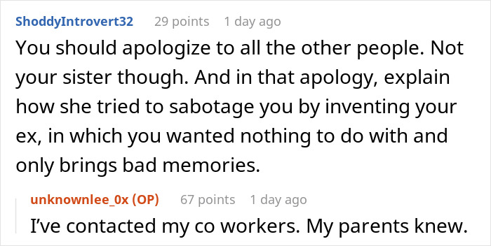 Reddit comments discussing a woman criticized for skipping her sister&rsquo;s birthday party due to her ex being invited.