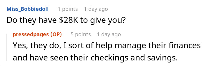 Reddit comments showing question about $28K and parents house payment, OP says they manage parents' finances. Reddit comments showing question about $28K and parents house payment, OP says they manage parents' finances.