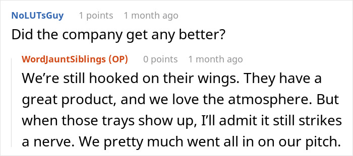 Screenshot of a Reddit comment thread discussing a restaurant's wings and a customer&rsquo;s humorous pitch leading to a patent.