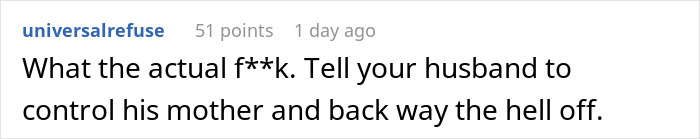 Reddit comment criticizing MIL, referencing mom takes her baby storming off and urging husband to control his mother Reddit comment criticizing MIL, referencing mom takes her baby storming off and urging husband to control his mother