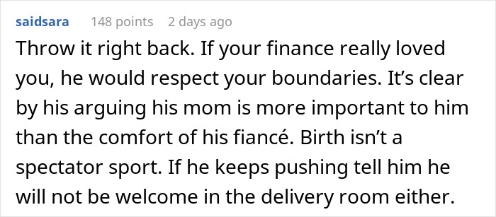 Comment on pregnant woman doesn&rsquo;t want fianc&eacute;&rsquo;s mom in delivery room, discussing respect and boundaries during birth.