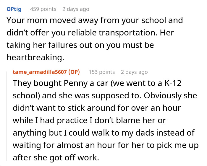 Screenshot of a Reddit conversation about a mom blaming her daughter for picking dad in the divorce and avoiding involvement.