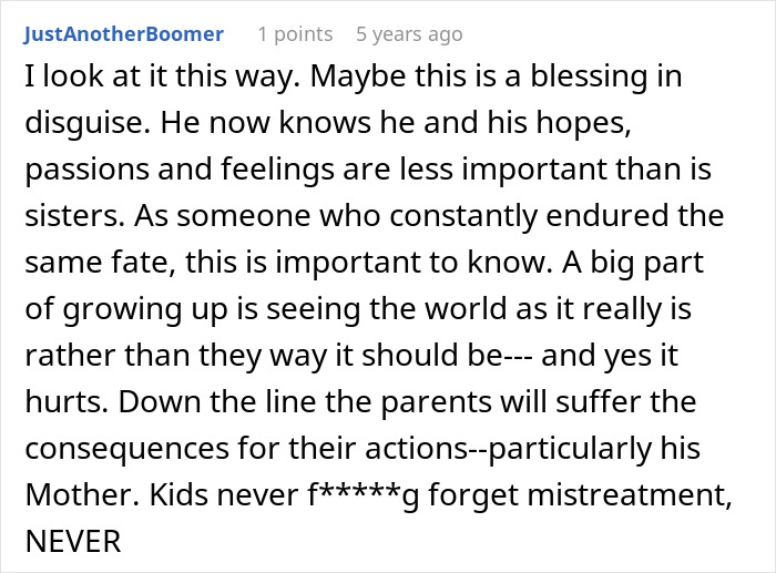 Comment from JustAnotherBoomer on sibling conflicts and lasting impact of refusing Christmas wishes after teen crushes half-sister’s dreams. Comment from JustAnotherBoomer on sibling conflicts and lasting impact of refusing Christmas wishes after teen crushes half-sister’s dreams.