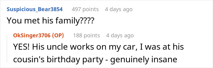 Screenshot of a Reddit conversation where a woman reveals she was the mistress in a 4-year relationship after meeting his family.