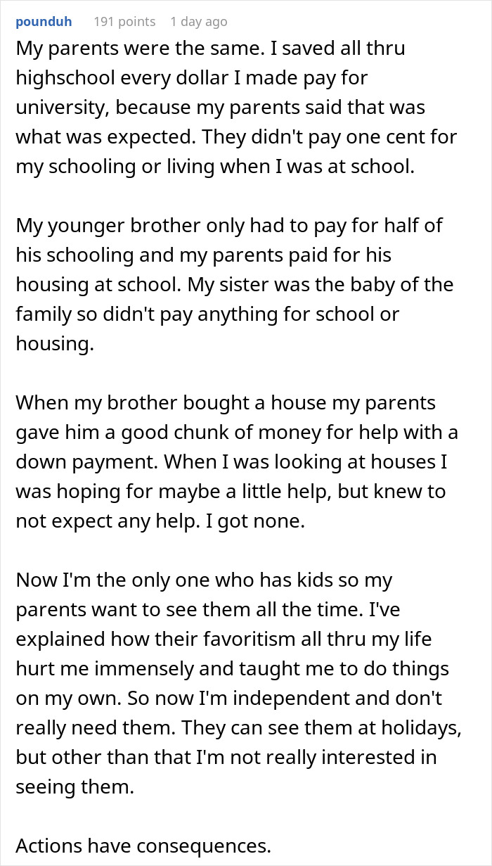 Reddit comment about parental favoritism and unequal support, mentioning parents house payment and down payment help Reddit comment about parental favoritism and unequal support, mentioning parents house payment and down payment help