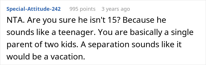 Comment text discussing a working wife dropping the supermom act after dealing with a man-child husband&rsquo;s constant criticism.