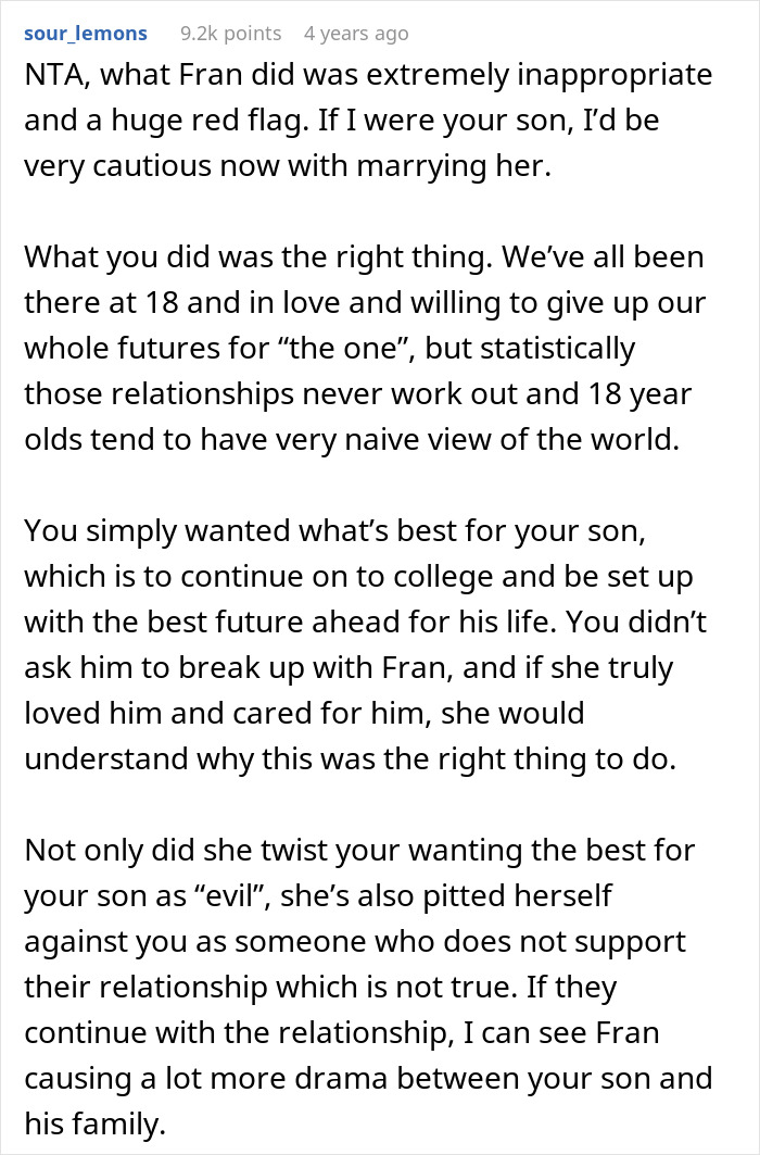Text post discussing a mom urging son not to marry girlfriend after high school, causing a grudge from the fianc&eacute;e.