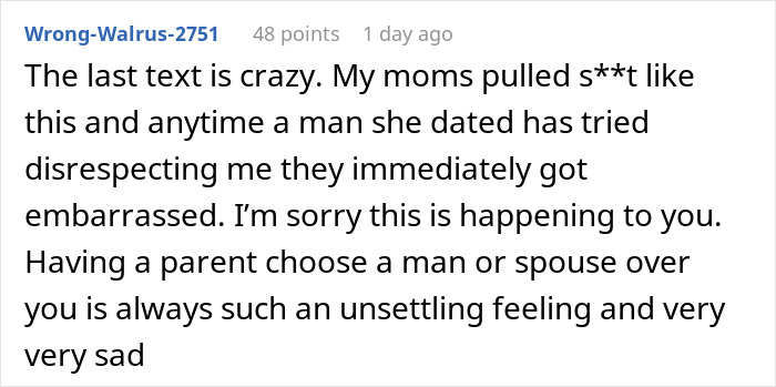 Reddit comment discussing a mom throwing her child out for a random guy, highlighting feelings of sadness and betrayal. Reddit comment discussing a mom throwing her child out for a random guy, highlighting feelings of sadness and betrayal.