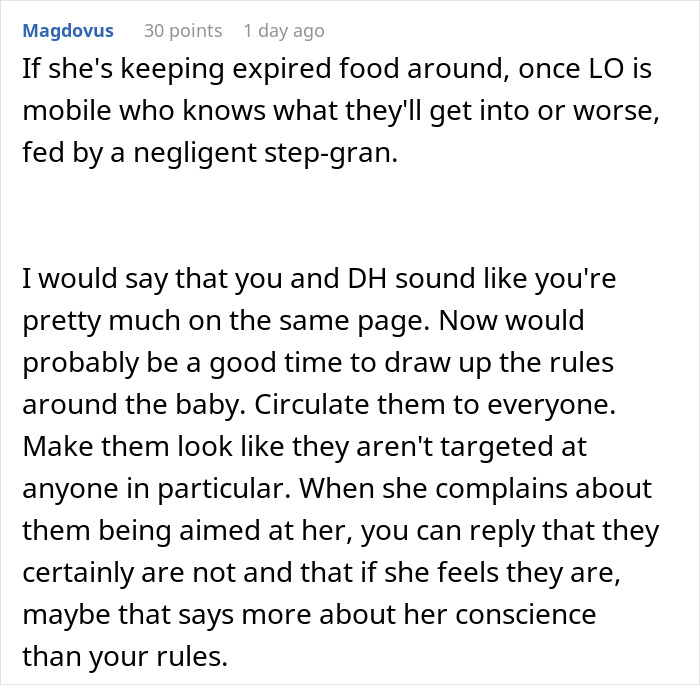 Comment discussing concerns about expired food in the pantry and setting rules for baby safety with pregnant woman. Comment discussing concerns about expired food in the pantry and setting rules for baby safety with pregnant woman.