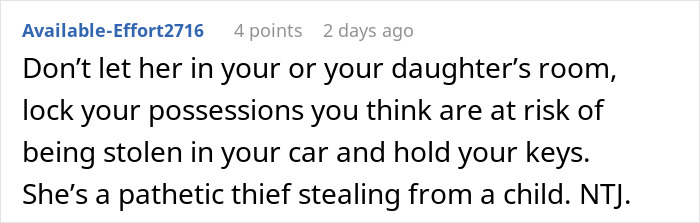 Screenshot of a Reddit comment warning about a woman stealing a 5-year-old niece&rsquo;s skirt and lying when caught.