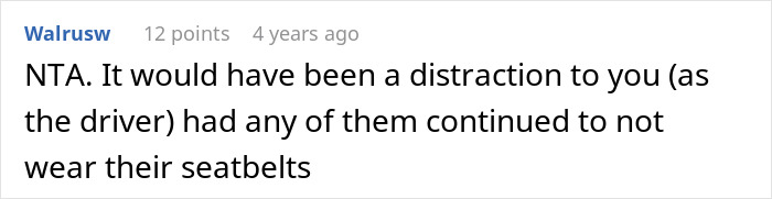 Screenshot of an online comment discussing a woman refusing to drive until all friends buckle seat belts during a road trip.