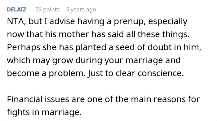 Screenshot of an online comment advising a prenup due to mother-in-law causing financial doubts in marriage advice discussion. Screenshot of an online comment advising a prenup due to mother-in-law causing financial doubts in marriage advice discussion.
