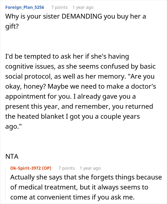 Reddit screenshot of commenters discussing a sister, a heated blanket, and family dispute over the gift. Reddit screenshot of commenters discussing a sister, a heated blanket, and family dispute over the gift.