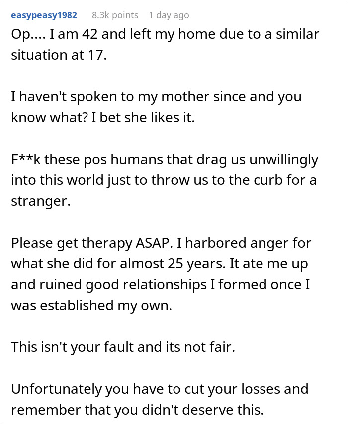 Commenter shares experience of being thrown out by mom for a random guy, expressing anger and advice on healing. Commenter shares experience of being thrown out by mom for a random guy, expressing anger and advice on healing.